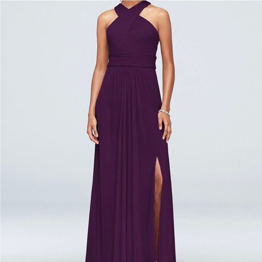Plum David’s Bridal crisscross high-neck mesh Dress